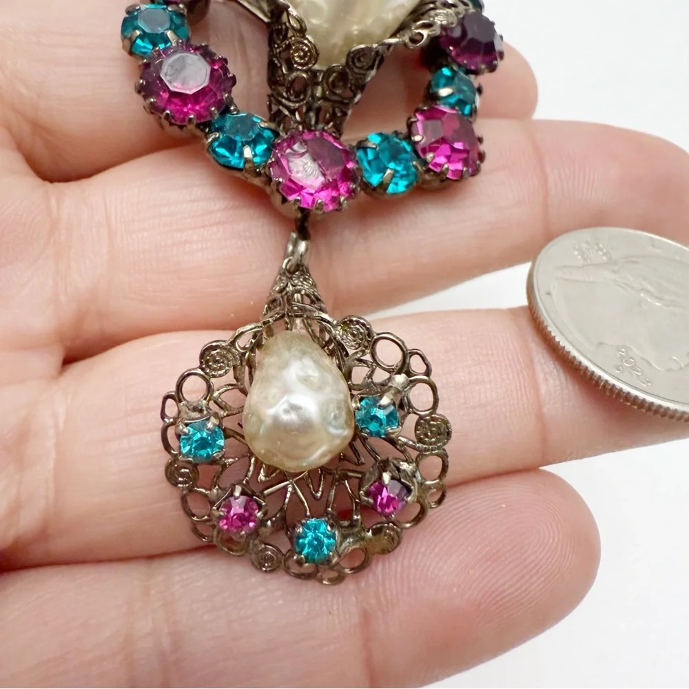 Vintage Large Baroque Faux Pearl Pink Aqua Rhinestone Filigree Drop Brooch